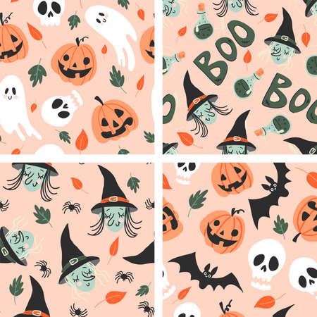 Collection of seamless halloween patterns in childish doodle style. Retro colors, funny autumn textures with ghosts, witch, black cats, spiders, bats, sculls and pumpkinsのイラスト素材