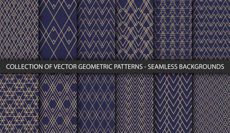 Set of 12 vector seamless geometric patterns. Simple rhombus and triangle textures. Vintage gold and dark blue backgrounds for your designのイラスト素材