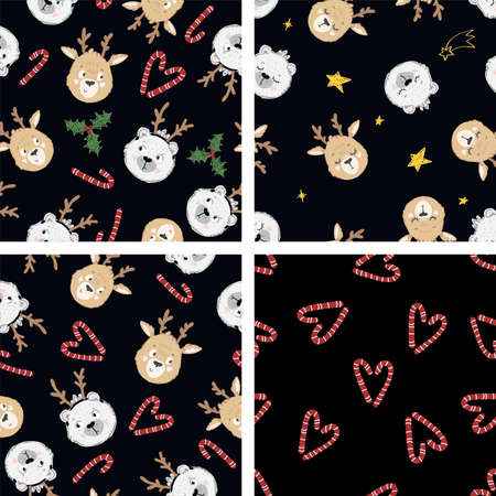 Collection of 4 seamless christmas patterns in doodle childish style. Vector cute winter textures with deer and bearのイラスト素材