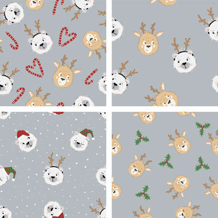 Collection of 4 seamless christmas patterns in doodle childish style. Vector cute winter textures with deer and bearのイラスト素材