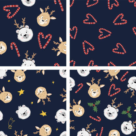 Collection of 4 seamless christmas patterns in doodle childish style. Vector cute winter textures with deer and bearのイラスト素材
