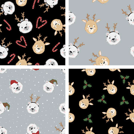 Collection of 4 seamless christmas patterns in doodle childish style. Vector cute winter textures with deer and bearのイラスト素材