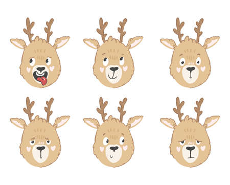 Big set of funny reindeer in cartoon style in different emotions isolated on white backgroundのイラスト素材