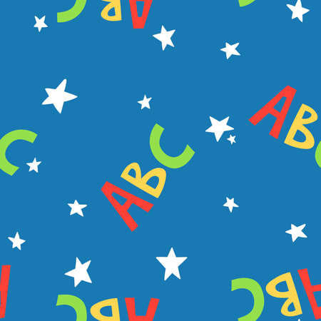 Seamless childish background with letters abc and stars. Vector simple colorful textureのイラスト素材