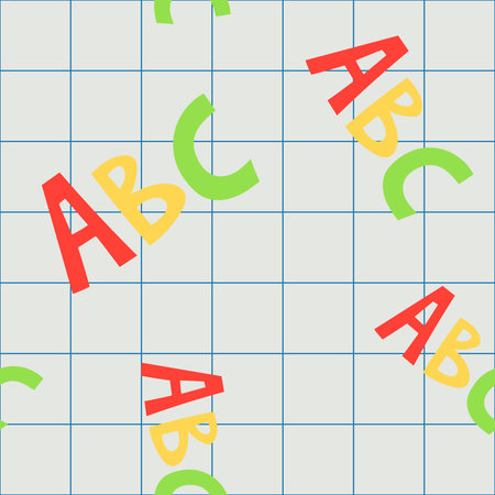Seamless childish background with letters abc and grid notebook background. Vector simple colorful textureのイラスト素材