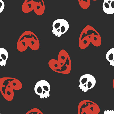 Halloween vector seamless background with pumpkins in heart shape and scull. Lovely funny spooky texture for halloween holidaysのイラスト素材