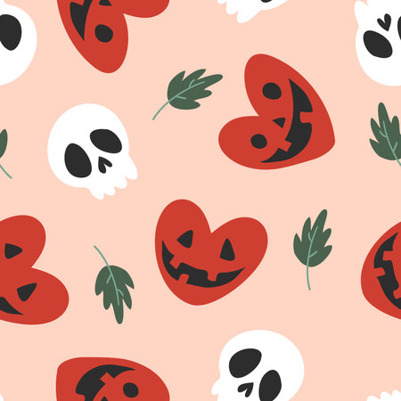 Halloween vector seamless background with pumpkins in heart shape and scull. Lovely funny spooky texture for halloween holidaysのイラスト素材