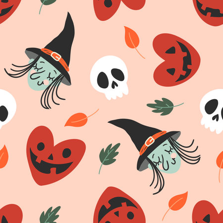 Halloween vector seamless background with pumpkins in heart shape, witch and scull. Lovely funny spooky texture for halloween holidaysのイラスト素材