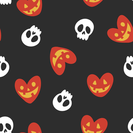 Halloween vector seamless background with pumpkins in heart shape and scull. Lovely funny spooky texture for halloween holidaysのイラスト素材