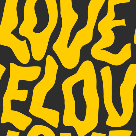 Typographic style seamless repeat pattern. Hand lettered text in black and yellow, hand drawn illustration with liquid words. Trendy textureのイラスト素材