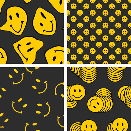 Collection of 4 vector trendy funny patterns. Hippie indi textures with happy trippy face. Psychedelic liquid backgroundsのイラスト素材