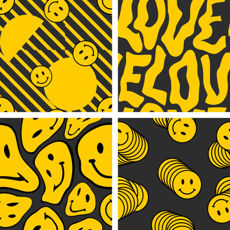 Collection of 4 vector trendy funny patterns. Hippie indi textures with happy trippy face. Psychedelic liquid backgroundsのイラスト素材