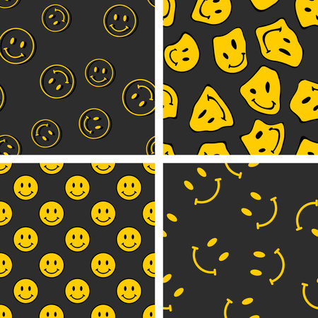 Collection of 4 vector trendy funny patterns. Hippie indi textures with happy trippy face. Psychedelic liquid backgroundsのイラスト素材