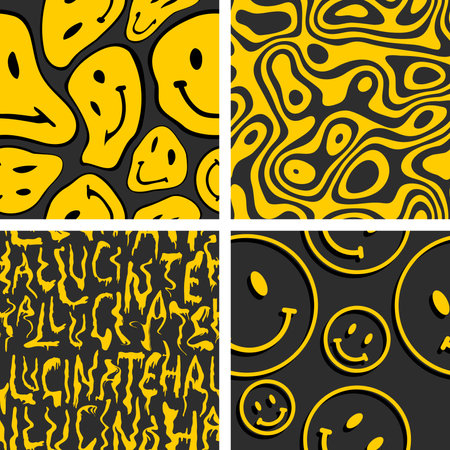 Collection of 4 vector trendy funny patterns. Hippie indi textures with happy trippy face. Psychedelic liquid backgroundsのイラスト素材