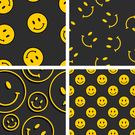 Collection of 4 vector trendy funny patterns. Hippie indi textures with happy trippy face. Psychedelic liquid backgroundsのイラスト素材