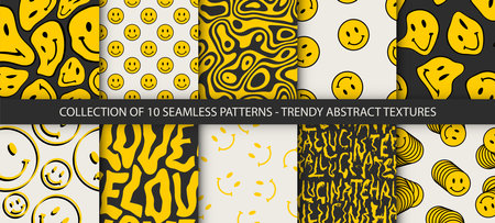 Collection of 10 vector trendy funny patterns. Hippie indi textures with happy trippy face. Psychedelic liquid backgroundsのイラスト素材