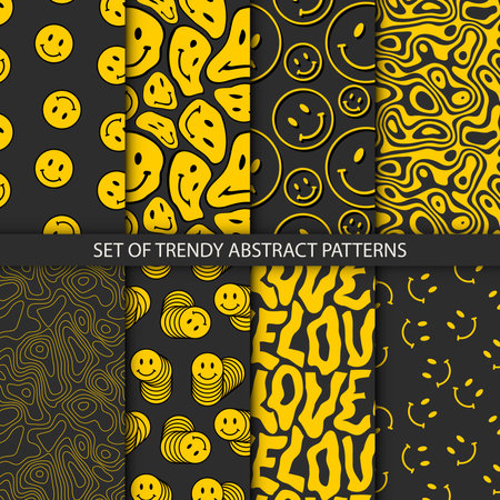 Collection of 8 vector trendy funny patterns. Hippie indi textures with happy trippy face. Psychedelic liquid backgroundsのイラスト素材