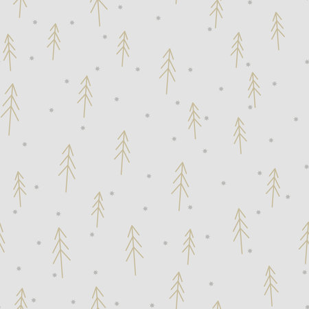 Seamless delicate pattern with Christmas tree and stars for winter holidays design. Pastel white, gray and gold colorsのイラスト素材