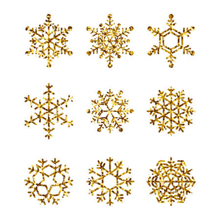 Set of gold snowflakes. Golden Glitter Snow Flakes isolated on white background. Winter Holidays Decoration. Vector collection.のイラスト素材