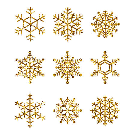 Set of gold snowflakes. Golden Glitter Snow Flakes isolated on white background. Winter Holidays Decoration. Vector collection.のイラスト素材