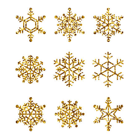 Set of gold snowflakes. Golden Glitter Snow Flakes isolated on white background. Winter Holidays Decoration. Vector collection.のイラスト素材