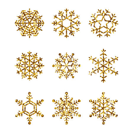 Set of gold snowflakes. Golden Glitter Snow Flakes isolated on white background. Winter Holidays Decoration. Vector collection.のイラスト素材