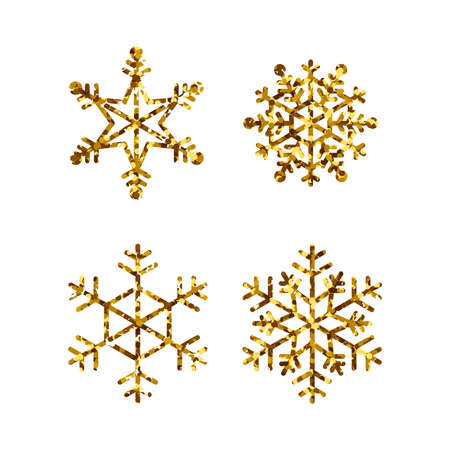Set of gold snowflakes. Golden Glitter Snow Flakes isolated on white background. Winter Holidays Decoration. Vector collection.のイラスト素材