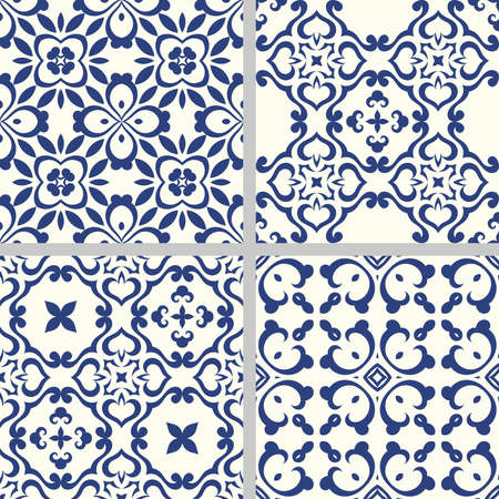 Set of Indigo blue flower azulejos lisbon patterns. Floor tile oriental spain collection seamless textures. Portugal geometric ceramics. Vector arabesque Texturesのイラスト素材