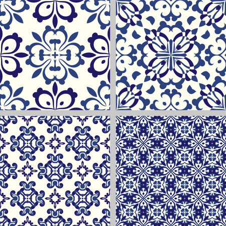 Set of Indigo blue flower azulejos lisbon patterns. Floor tile oriental spain collection seamless textures. Portugal geometric ceramics. Vector arabesque Texturesのイラスト素材