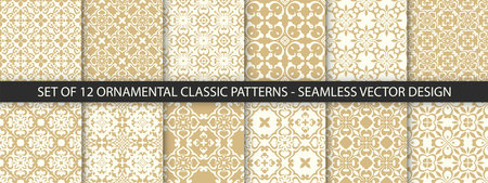 Set of seamless ornamental vintage patterns. Vectore tile textures in gold colors.のイラスト素材