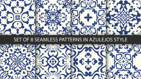 Set of Indigo blue flower azulejos lisbon patterns. Floor tile oriental spain collection seamless textures. Portugal geometric ceramics. Vector arabesque Texturesのイラスト素材