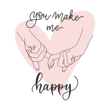 Happy Valentines Day Lettering Card. You make me happy phrase with heart and minimalistic doodle hands. Cute greeting illustrationのイラスト素材