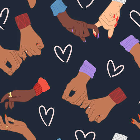Seamless valentines day pattern with hands and hearts. Lovely texture with lovers simple armsのイラスト素材