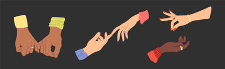 Set of young people hands isolated background. Lovers hand group with raised arm for celebration valentines day or friend community concept. Flat cartoon illustration of men and women arms.のイラスト素材