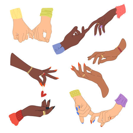 Set of young people hands isolated background. Lovers hand group with raised arm for celebration valentines day or friend community concept. Flat cartoon illustration of men and women arms.のイラスト素材
