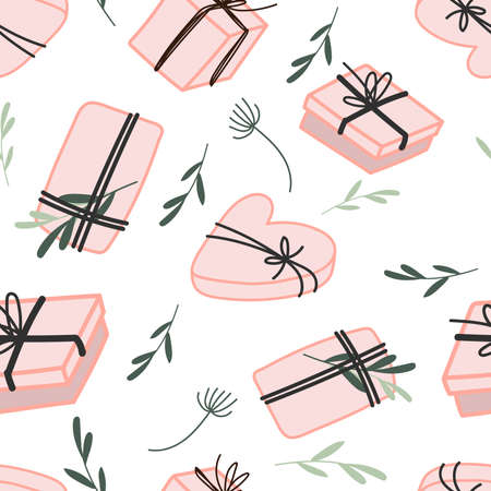 Seamless vector pattern with gift boxes, love letters envelopes and candies heart box. Hand drawn doodle minimalistic valentines day backgroundのイラスト素材