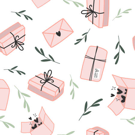 Seamless vector pattern with gift boxes, love letters envelopes and candies heart box. Hand drawn doodle minimalistic valentines day backgroundのイラスト素材