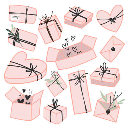 Doodle presents. Set of hand drawn gift boxes. Happy birthday and valentines day illustration. Isolated elements for your designのイラスト素材