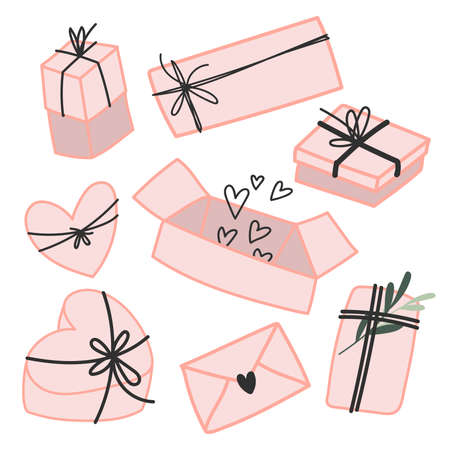 Doodle presents. Set of hand drawn gift boxes. Happy birthday and valentines day illustration. Isolated elements for your designのイラスト素材