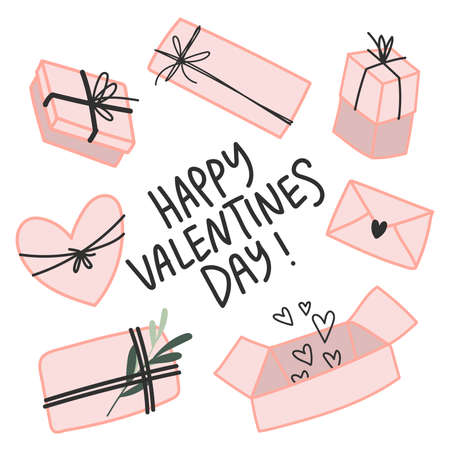 Set of doodle gift boxes. Valentines day illustratons for your design. Minimalistic cute arts with letters and box with bowsのイラスト素材