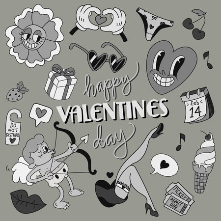 Set of cartoon hand drawn doodles for Valentine's day. Funny retro elements in vectorのイラスト素材