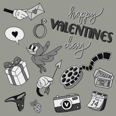 Collection of hand drawn Valentines day design elements - hearts, ring, bird, calendar, lettering, gift n vector doodle style.のイラスト素材
