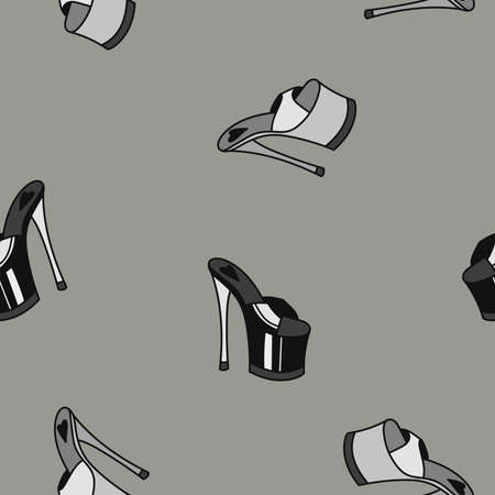 Vector seamless pattern with high heels shoes. Hand drawn texture in cartoon retro black and white doodle style.のイラスト素材