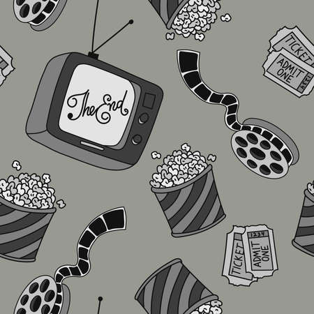 Vector seamless pattern with tv, pop corn, tickets and movie film. Cinema style background. Hand drawn texture in cartoon retro black and white doodle style.のイラスト素材