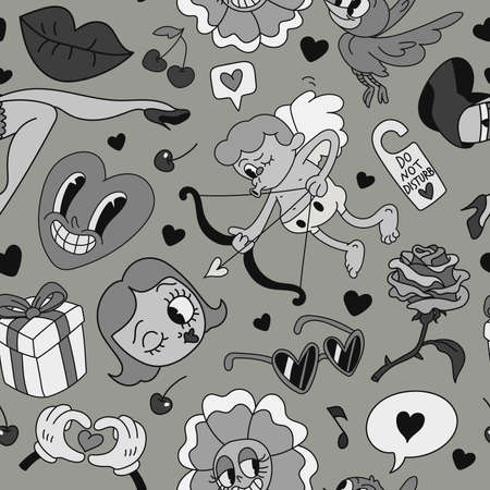 Vector seamless Valentines day pattern. Hand drawn texture in cartoon retro black and white doodle style.のイラスト素材