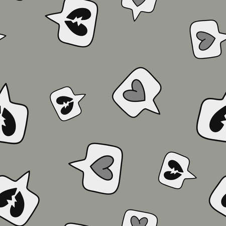 Seamless pattern with hand drawn speech and thought bubbles. Doodle design with heartsのイラスト素材