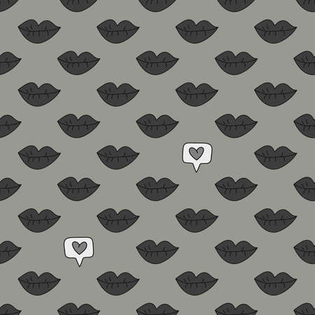 Vector seamless Valentines day pattern. Hand drawn texture with lips in cartoon retro black and white doodle style.のイラスト素材