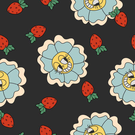 Vector seamless pattern with cute cartoon daisy flowers and straberrys in retro style. Hand drawn texture in vintage doodle style.のイラスト素材