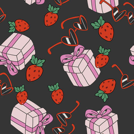 Vector seamless pattern with straberrys, gifts and heart glasses in retro style. Hand drawn texture in doodle style.のイラスト素材