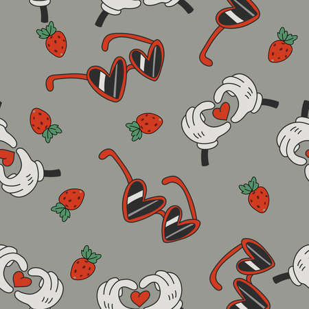 Vector seamless pattern with straberrys, cartoon hands and heart glasses in retro style. Hand drawn texture in doodle style.のイラスト素材